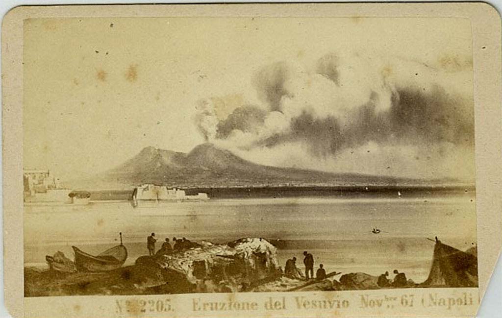 Vesuvius Eruption November 1867 by Edmund Behles no. 2205.
This is however the same photograph as in the stereoview by Sommer and Behles no. 205 with the eruption dated December 1861.

