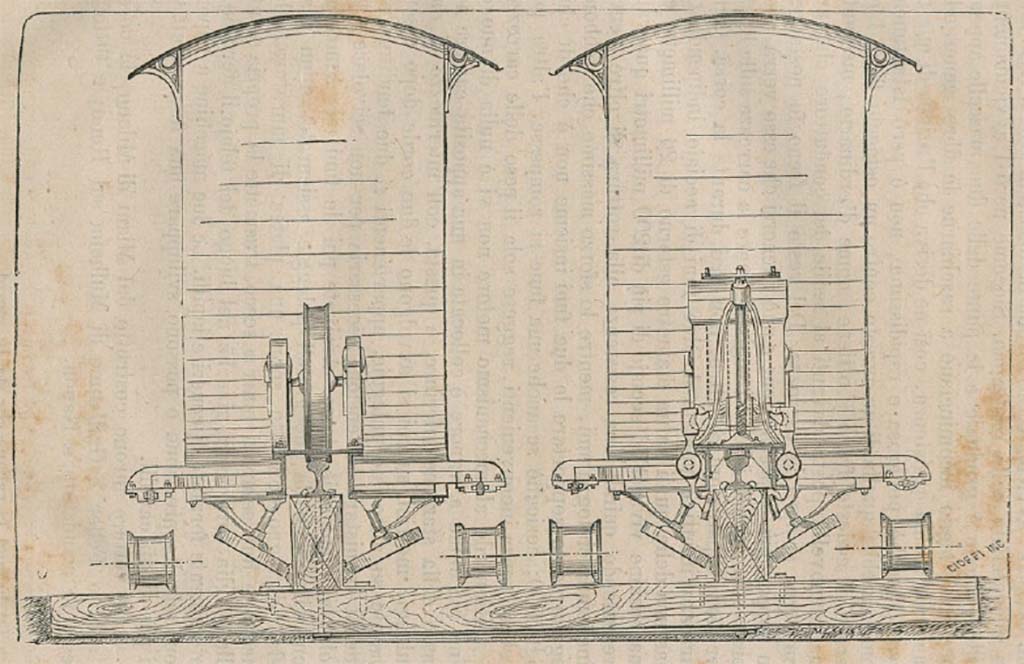 Vesuvius 1880. End view of carriage design. 1880 drawing by Luigi Palmieri.
See Palmieri L., 1880. Il Vesuvio e la sua storia. Milano: Tipografia Faverio, page v.

