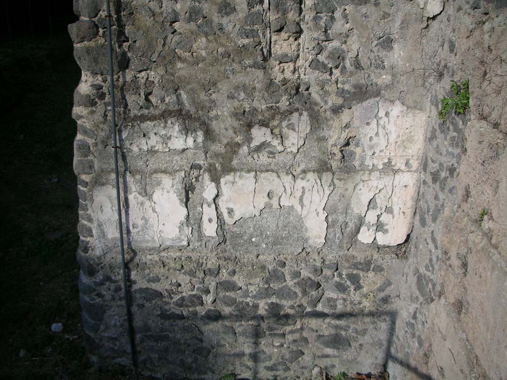 Tower XI, Pompeii. May 2010. Detail of remaining painted plaster on west side. Photo courtesy of Ivo van der Graaff.