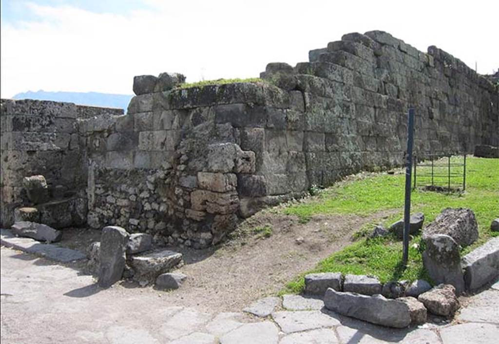 Vesuvian Gate Pompeii. June 2012. City walls at north of gate.