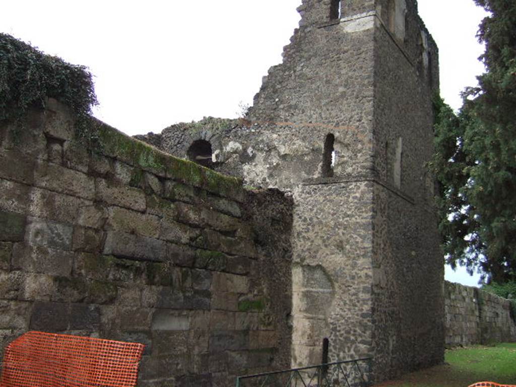 City Walls and Tower X. Pompeii. December 2005. Looking west towards the east and north sides of the tower.