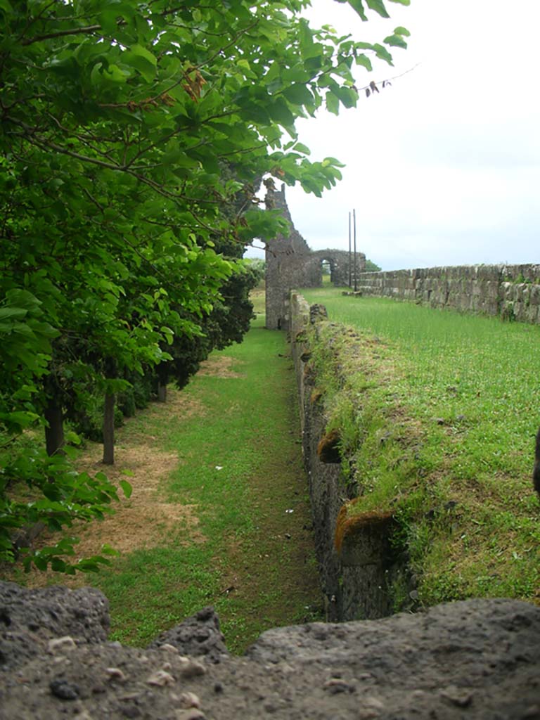 Tower X, Pompeii. May 2010. 
Looking east from Tower along north exterior wall towards Tower X. Photo courtesy of Ivo van der Graaff.
